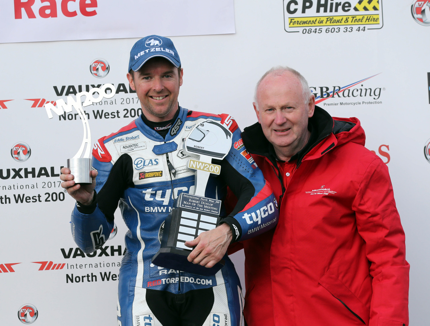 PACEMAKER BELFAST 13/05/2016 Alastair Seeley is presented with his Man of the Meeting trophy by Race Director Mervyn Whyte MBE at todays Vauxhall International North West 200. Photo Stephen Davison/Pacemaker Press